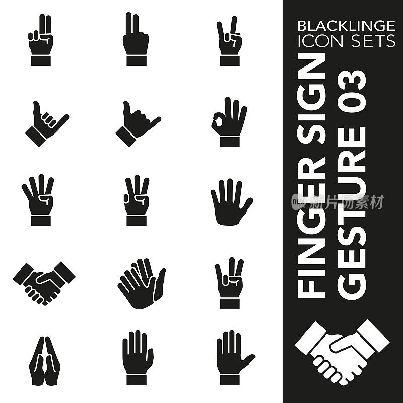 Black and White icon set of Finger Sign and Hand Gesture 01